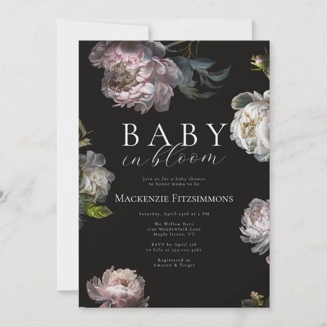 Baby in Bloom Moody Peony Photo Floral Baby Shower Invitation (Front)