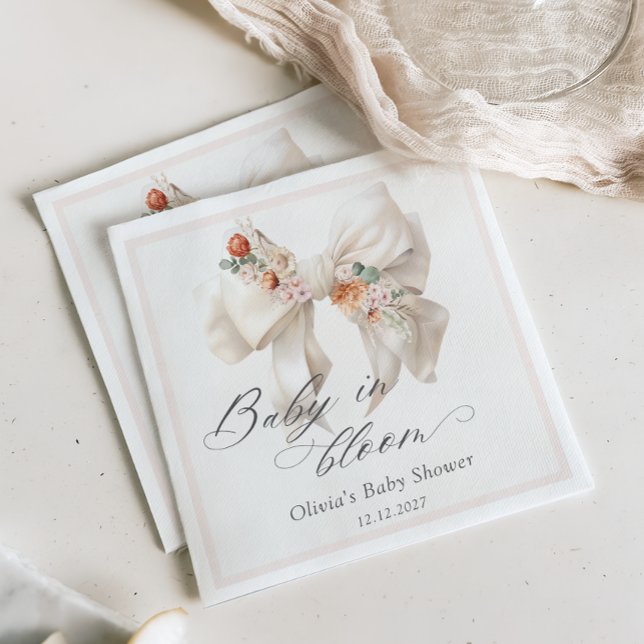 Baby in Bloom Neutral Floral Bow Baby Shower Napkins (Creator Uploaded)