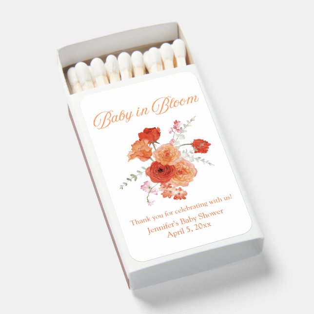 baby in bloom orange floral thank you baby shower  matchboxes (Front Open)