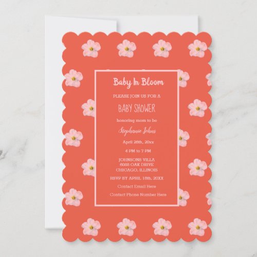 Baby In Bloom Orange Pink Floral Girl Baby Shower Invitation