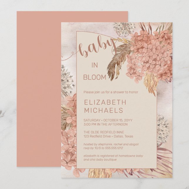  Baby in Bloom Pampas Grass and Hydrangeas Shower Invitation (Front/Back)
