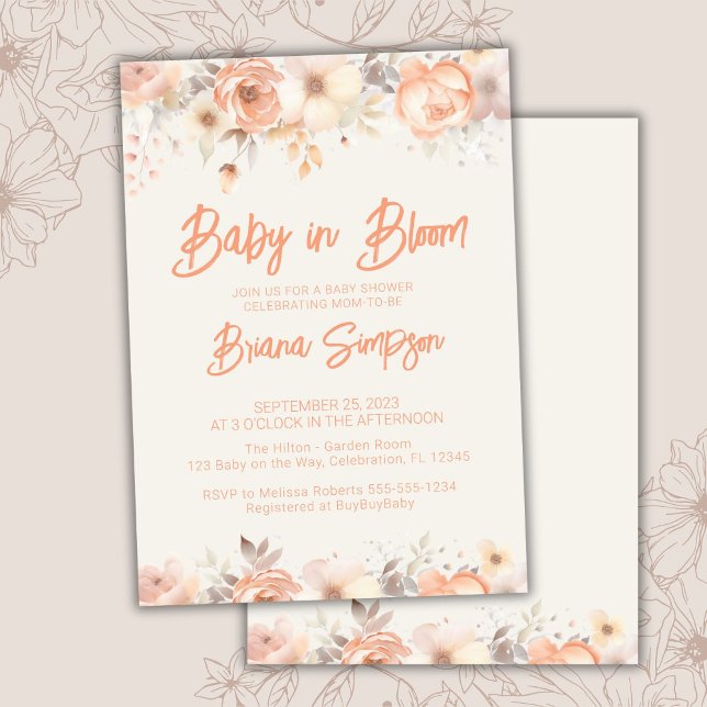Baby in Bloom Peach Beige Ivory Floral Baby Shower Invitation (Creator Uploaded)