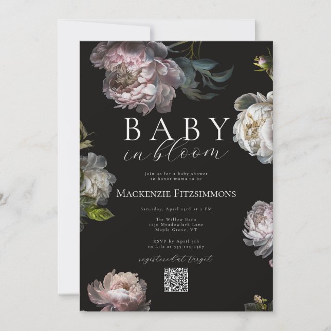 Baby in Bloom Peony Dark Moody Floral Baby Shower Invitation (Front)
