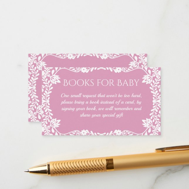 Baby in bloom pink baby shower book request enclosure card (Front/Back In Situ)