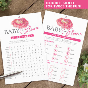 Baby in bloom pink baby shower word search flyer