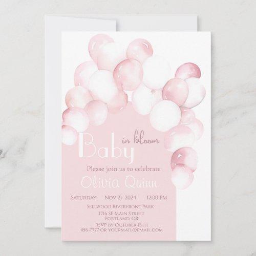 Baby in Bloom pink balloons arch baby shower Invitation