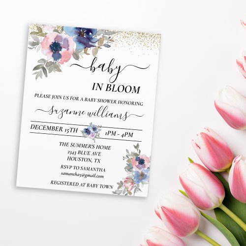 Baby in Bloom Pink Blue Handwritten Gold Confetti 