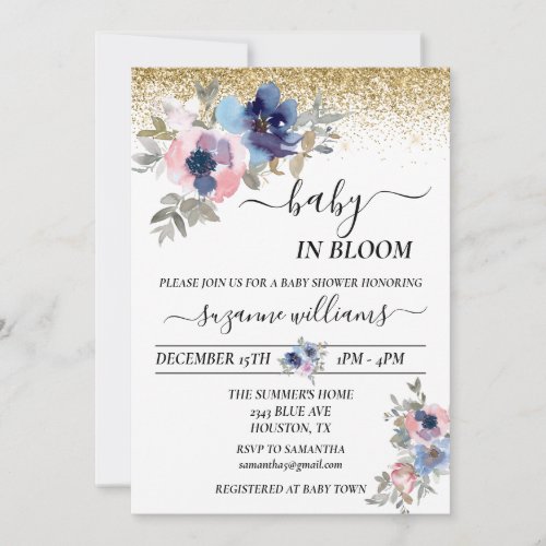 Baby in Bloom Pink Blue Handwritten Gold Confetti Invitation