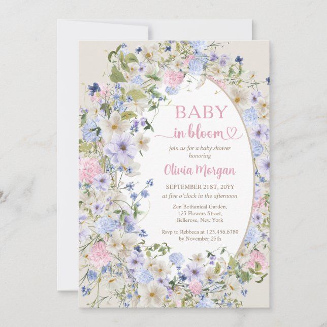 Baby in bloom pink blue purple Wildflowers arch  Invitation (Front)