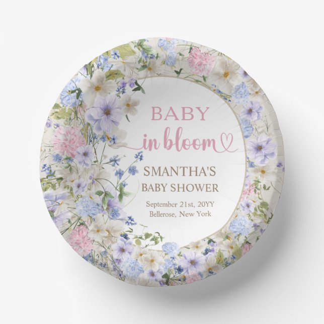 Baby in bloom pink blue purple Wildflowers arch  Paper Bowls (Front)