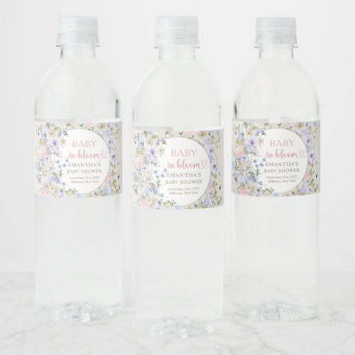 Baby in bloom pink blue purple Wildflowers baby  Water Bottle Label