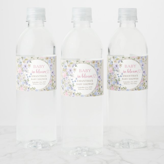 Baby in bloom pink blue purple Wildflowers baby  Water Bottle Label (Bottles)