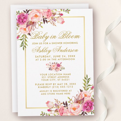 Baby In Bloom Pink Blush Floral Gold Shower Invitation