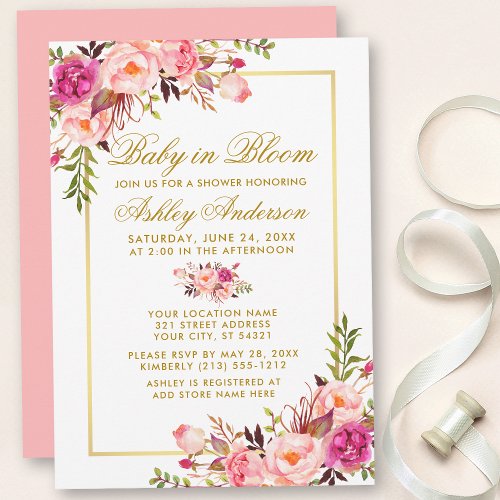 Baby In Bloom Pink Blush Floral Shower Gold Invitation