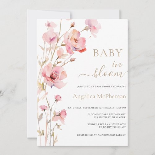 BABY IN BLOOM PINK BLUSH GOLD CHAMPAGNE FLORAL  INVITATION