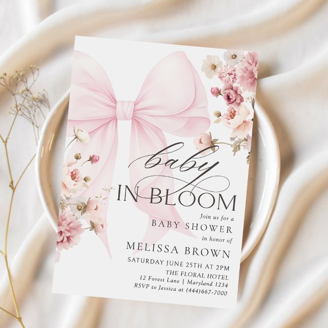 Baby In Bloom Pink Bow Baby Shower Invitation (Creator Uploaded)