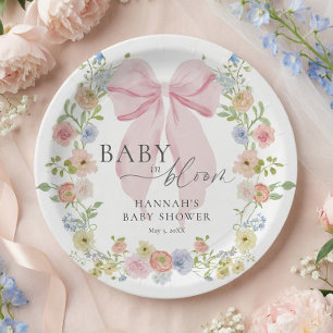 Baby in Bloom Pink Bow Baby Shower Paper Plates