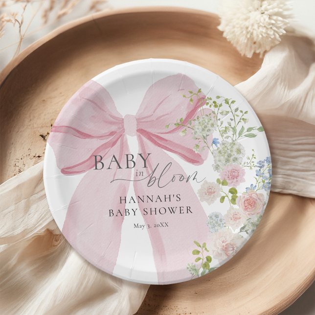 Baby in Bloom Pink Bow Baby Shower Paper Plates (Creator Uploaded)