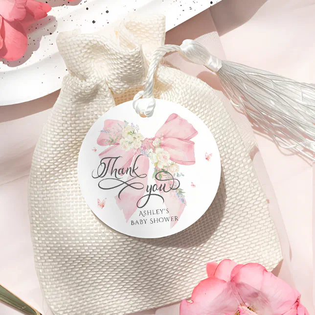 Baby in Bloom Pink Bow Baby Shower Thank You Favor Tags | Zazzle