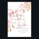 Baby In Bloom Pink Bow Baby Shower Welcome Poster<br><div class="desc">Celebrate the joyous arrival of a little girl with our "Baby in Bloom" baby shower welcome sign poster. This charming board features soft,  pastel pink delicate watercolor flowers in shades of pink and a beautifully illustrated pink bow.</div>