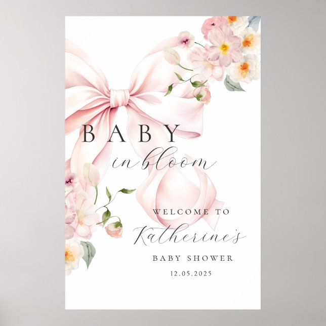 Baby In Bloom Pink Bow Baby Shower Welcome Poster (Front)