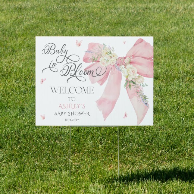 Baby In Bloom Pink Bow Baby Shower Welcome Sign (Insitu)