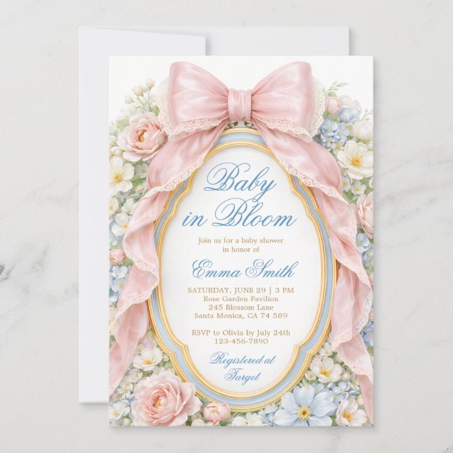 Baby in Bloom Pink Bow Floral Baby Shower Invitation (Front)