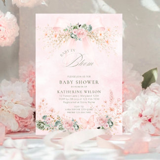 Baby In Bloom Pink Bow Floral Baby Shower Invitation