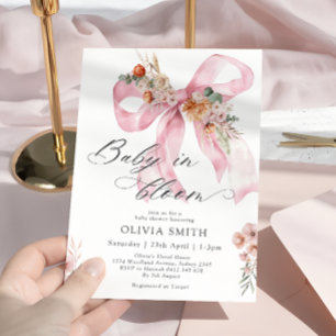 Baby in Bloom Pink Bow Floral Baby Shower Invitation