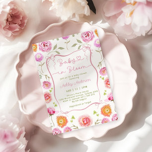Baby in Bloom Pink Bow Floral Baby Shower Invitation