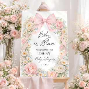 Baby in Bloom Pink Bow Floral Baby Shower Welcome Foam Board