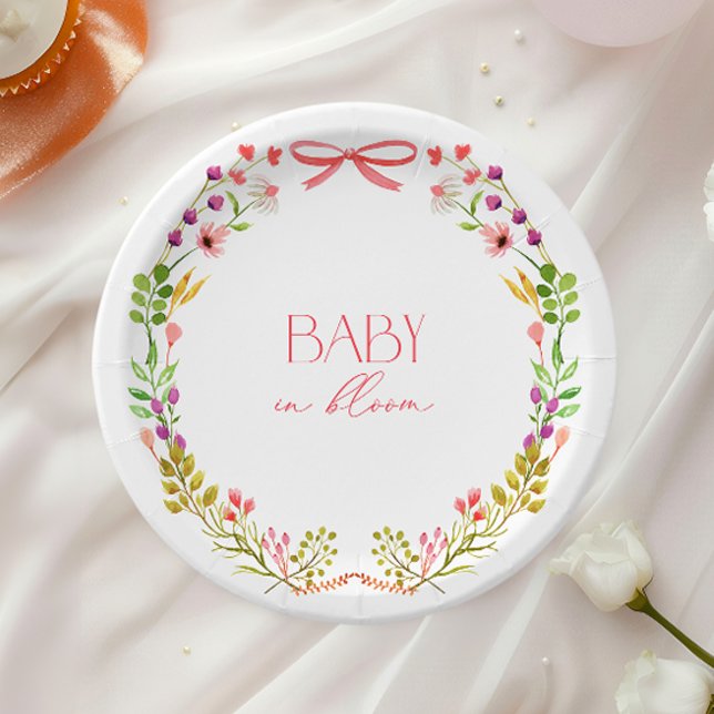 Baby in Bloom Pink Bow Floral Garden Baby Shower Paper Plates (Creator Uploaded)