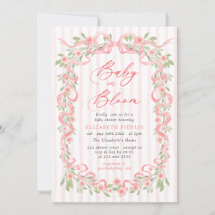 Baby in Bloom Pink Bow Floral Roses Baby Shower Invitation