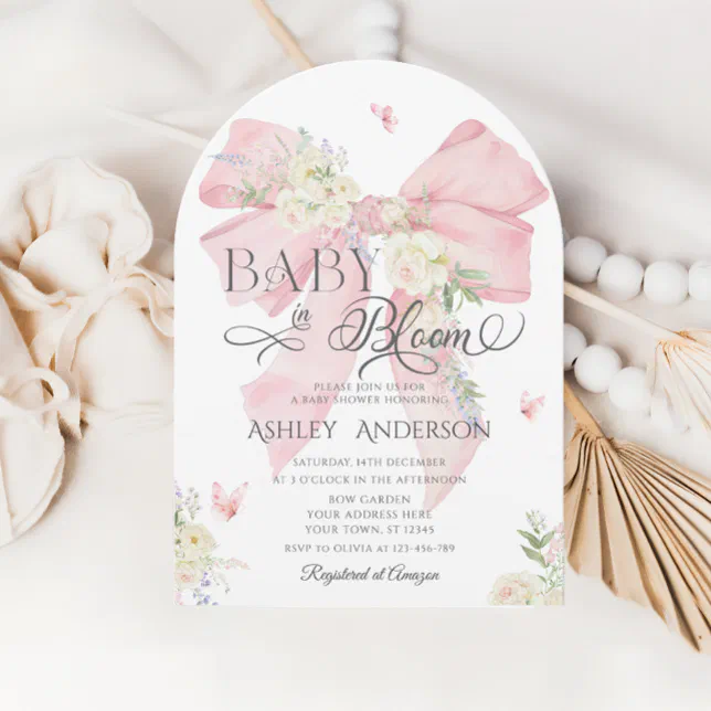 Baby In Bloom Pink Bow Girl Baby Shower Invitation | Zazzle