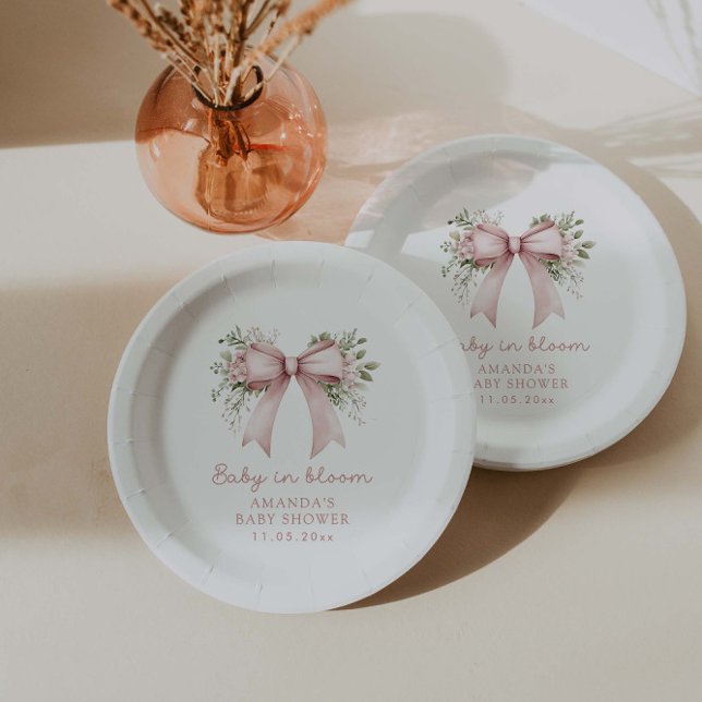Baby In Bloom Pink Bow Girl Baby Shower Paper Plates (Creator Uploaded)