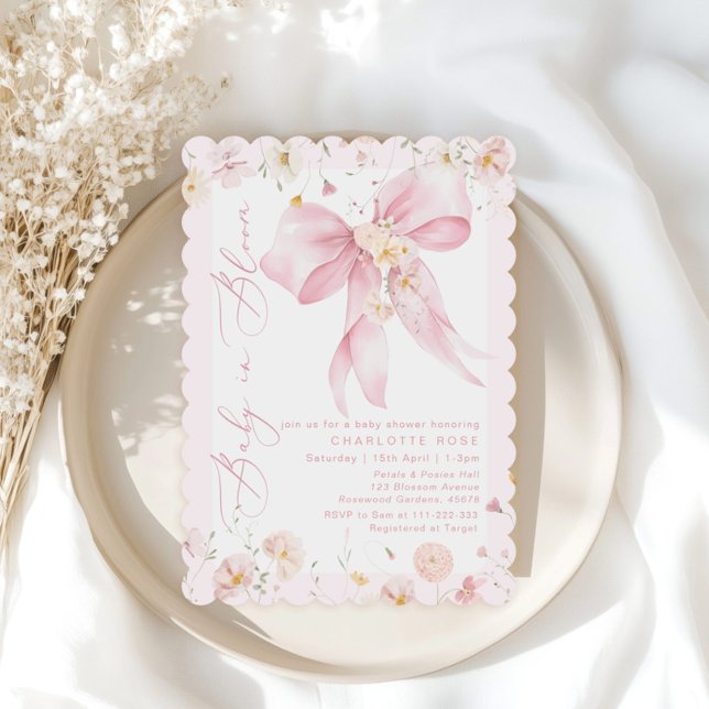 Baby in Bloom Pink Bow Wildflower Baby girl shower Invitation (Creator Uploaded)