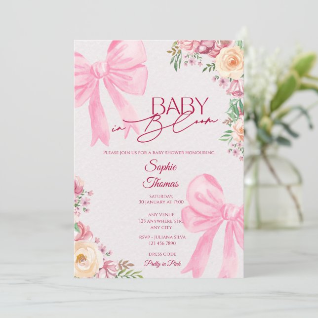 Baby in Bloom Pink Floral Baby Shower Invitation (Standing Front)