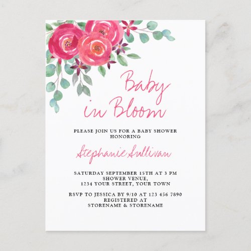 Baby in Bloom Pink Floral Baby Shower Invitation Postcard