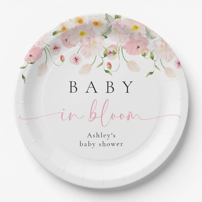 Baby In Bloom Pink Floral Baby Shower Paper Plates (Front)