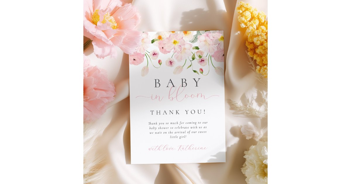 Baby In Bloom Pink Floral Baby Shower Thank You Card | Zazzle