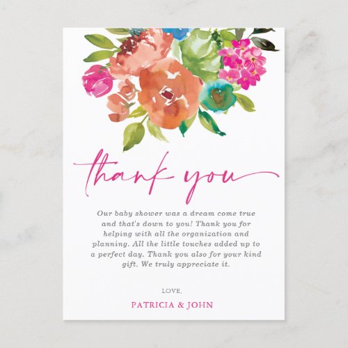 Baby in Bloom Pink Floral Baby Shower Thank You Postcard