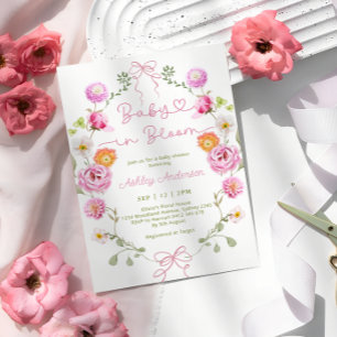 Baby in Bloom Pink Floral Bow Baby Shower Invitation