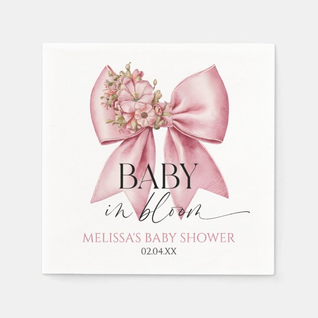 Baby In Bloom Pink Floral Bow Baby Shower Napkins (Front)