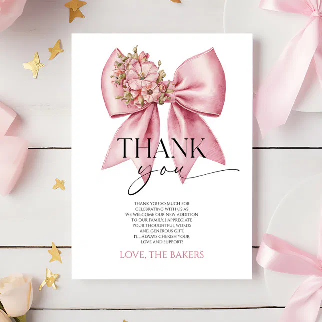 Baby In Bloom Pink Floral Bow Baby Shower Thank You Card | Zazzle