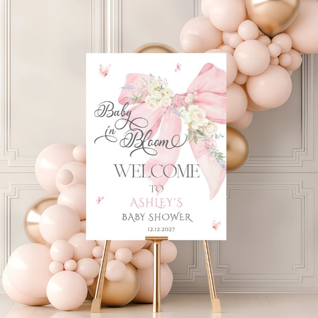 Baby in Bloom Pink Floral Bow Baby Shower Welcome  Foam Board (Creator Uploaded)