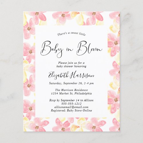 Baby in Bloom Pink Floral Budget Shower Invitation