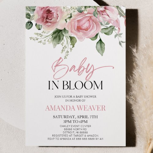 Baby In Bloom Pink Floral Flower Baby Shower Invitation