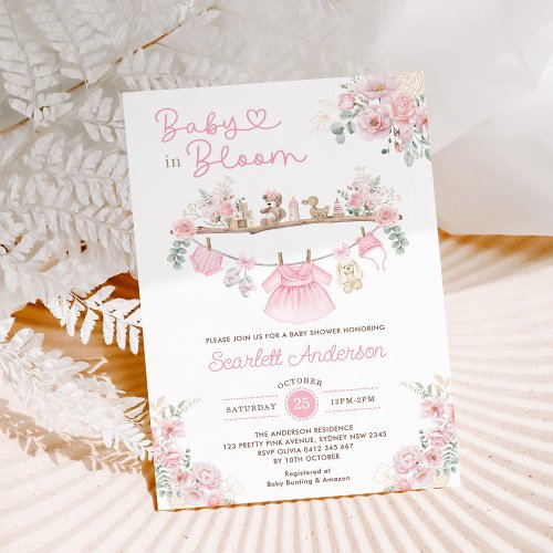 Baby in Bloom Pink Floral Girl Baby Clothes Shower Invitation