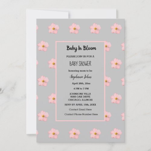 Baby In Bloom Pink Floral Girl Baby Shower Grey Invitation