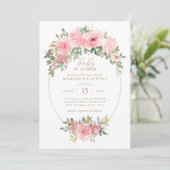 Baby in Bloom Pink Floral Greenery Baby Shower Invitation (Standing Front)